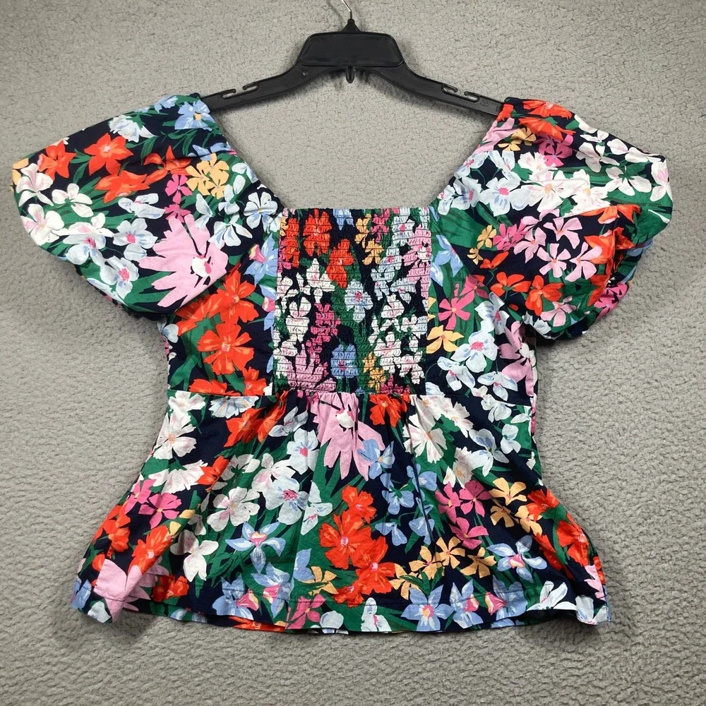 Old Navy Trapeze Top Womens Large Navy Black Floral Smocked Puff Sleeve Blouse